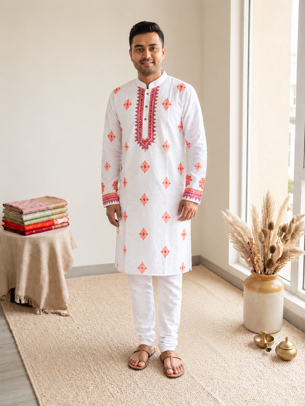 Puja Special Red & Orange Block on White Panjabi