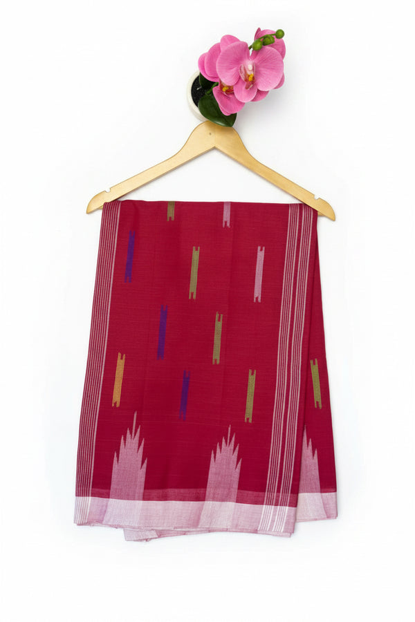 Original Manipuri Handloom Rani Pink Color With White Border and Multicolor Wover Tample Motive