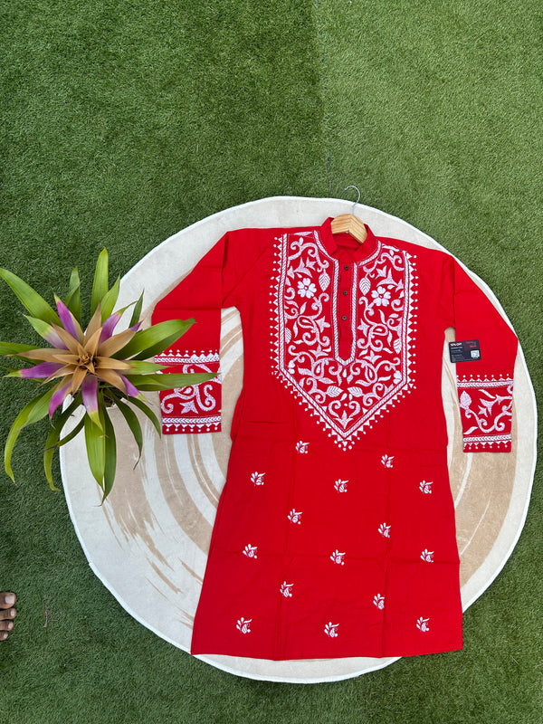 Premium Kantha Stitch Red Panjabi