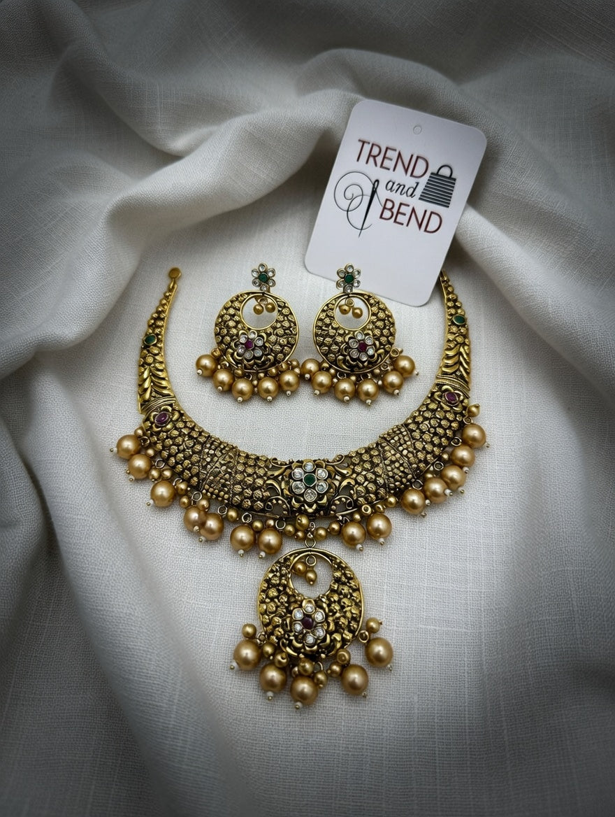 Antique Gold-tone Temple-style Choker and Earring Combo Jewelry Set