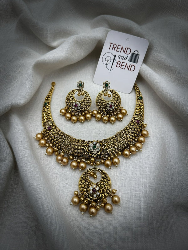 Antique Gold-tone Temple-style Choker and Earring Combo Jewelry Set