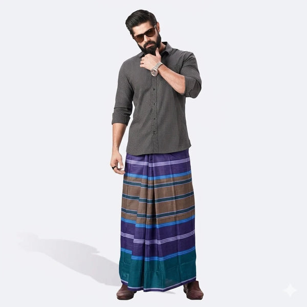 Authentic Handloom Cotton Lungi for Men – Midnight Blue, Espresso Brown & Charcoal Striped Bengali Sarong