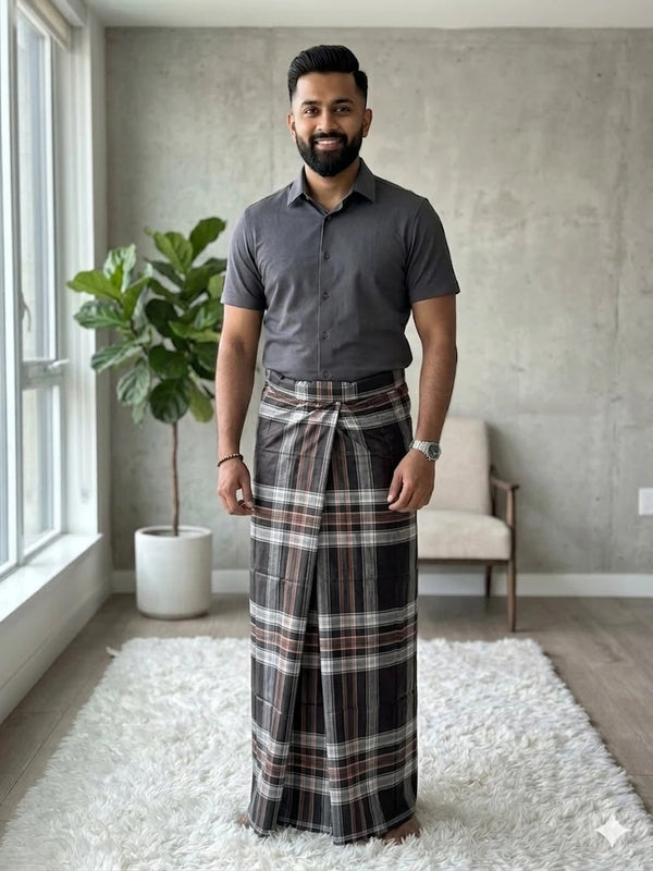 Classic Midnight Black & Ash Grey Checkered Lungi – Premium 100% Cotton