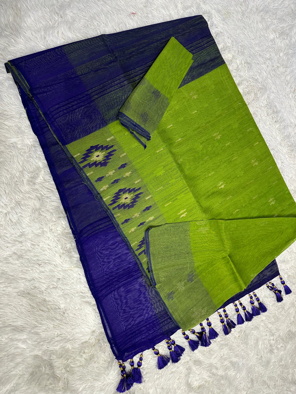 Dhakai Jamdani Green & Dark Blue Saree (60 Count)