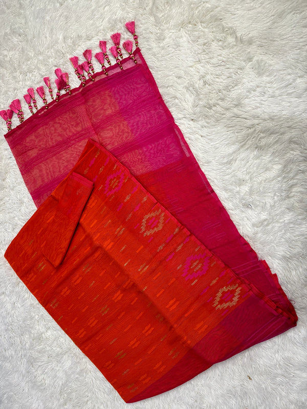 Dhakai Jamdani Orange & Pink Saree (60 Count)