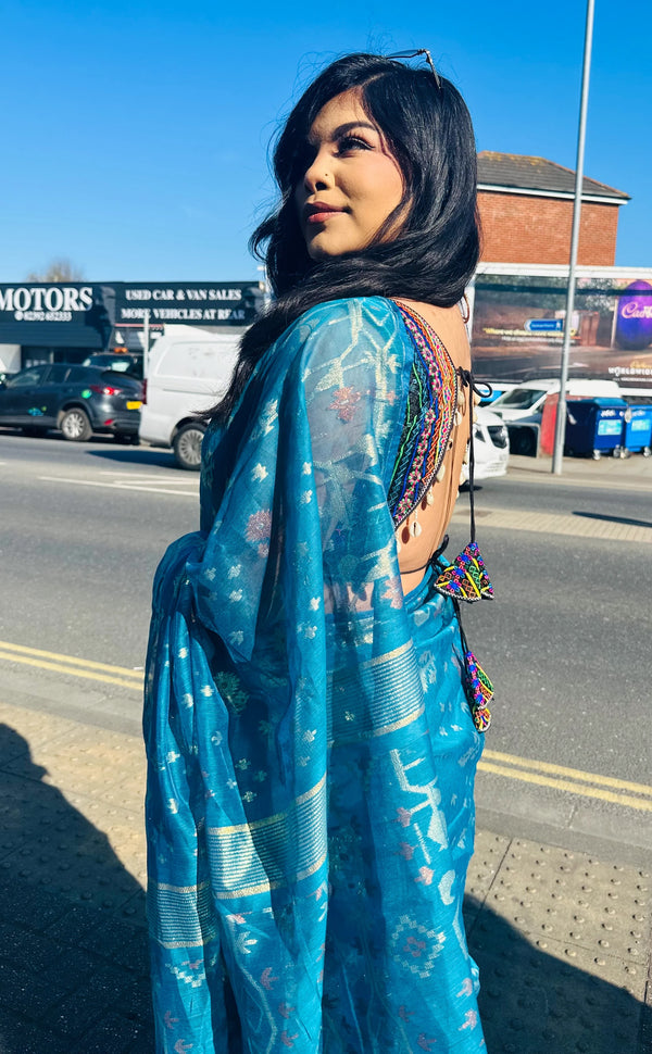 Dhakai Jamdani Saree Ocean Blue 100 Count