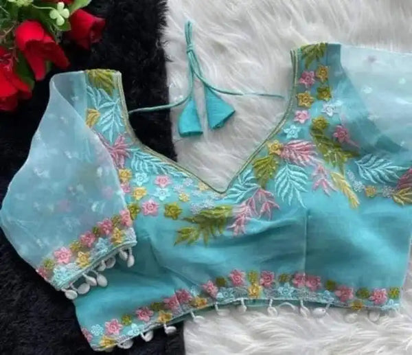 EMBROIDERED ORGANZA POWDER BLUE BLOUSE