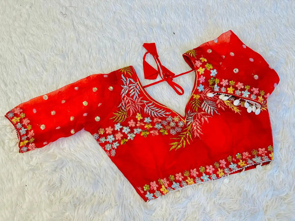 Elegant Embroidred Organza Red Color Blouse