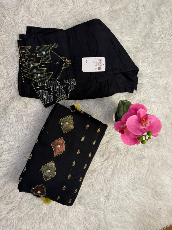 Black karchupi Jamdani Saree With Ready Made Blouse
