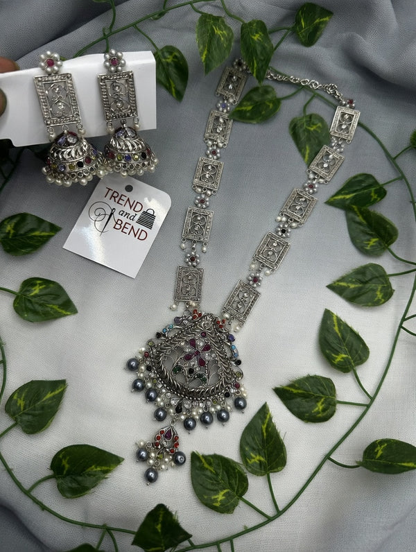 Floral Engravings German Oxidized Silver Rani Haar and Earring Set