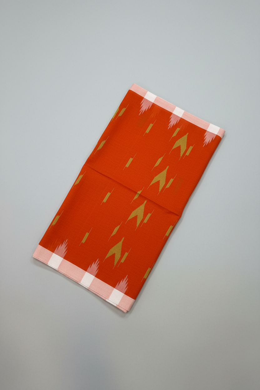 An orange-red cotton saree with yellow and pink geometric patterns, laid flat on a white shag rug.