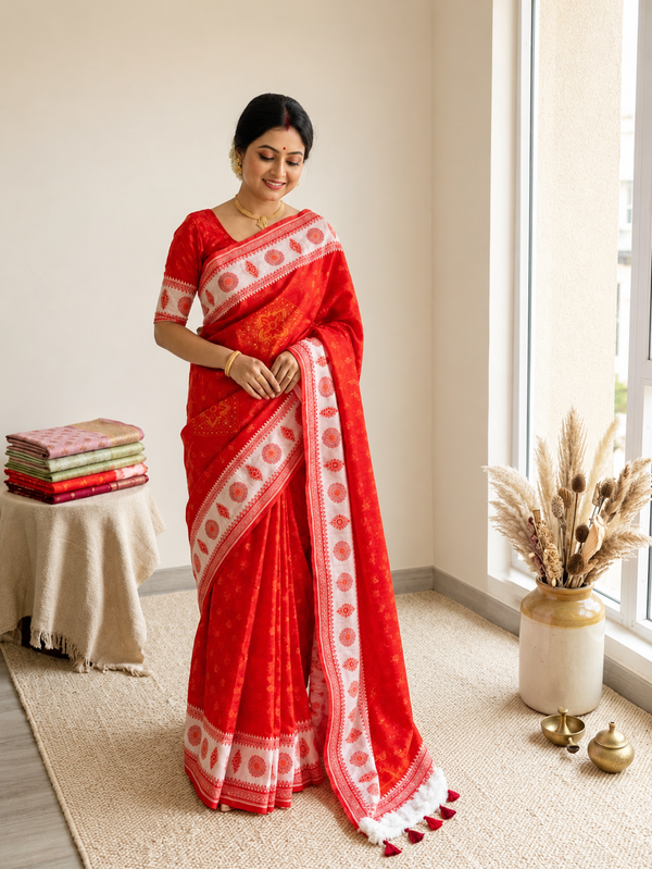 Puja Special Red and White Saree