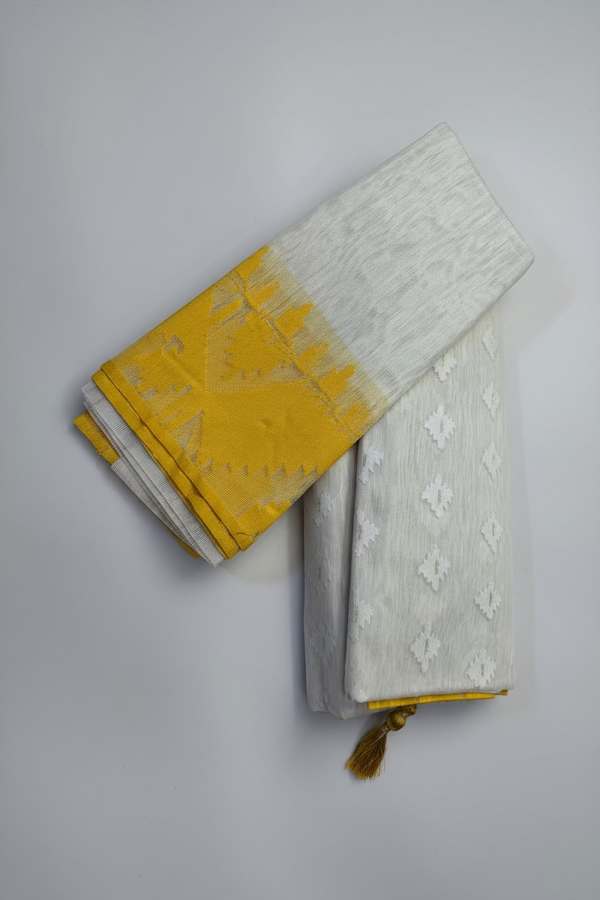 Original Dhakai White and Yellow Jamdani With Beautiful Blouse Pcs
