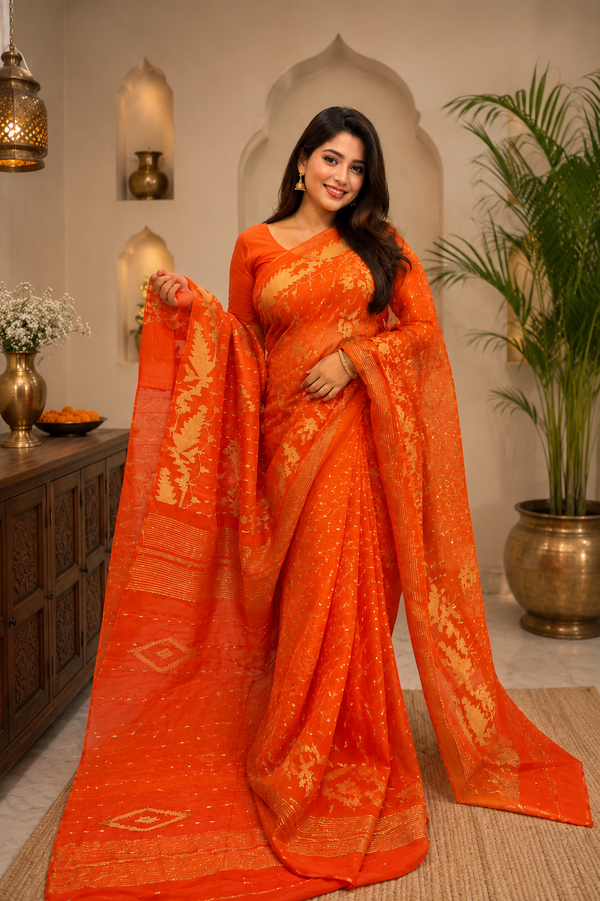 Original Orange Dhakai Beautiful worked Karchupi Jamdani with Blouse Pcs