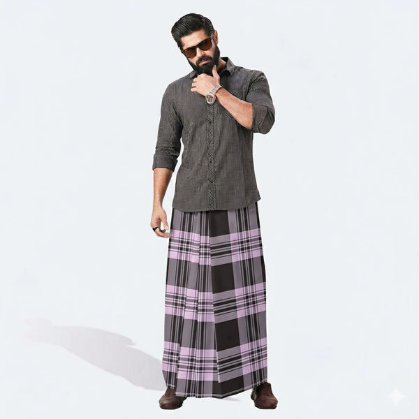 Modern Checkered Cotton Lungi for Men – Pink & Charcoal Grey Plaid Traditional Bengali Sarong