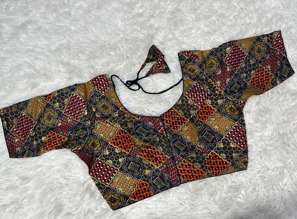 NON-PADDED COTTON TIE-UP FOREST GREEN BASE MULTI-COLOR BLOUSE