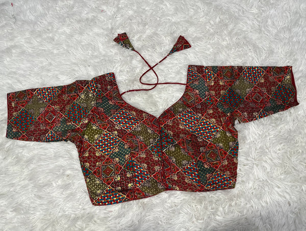 NON-PADDED COTTON TIE-UP MAROON BASE MULTI-COLOR BLOUSE