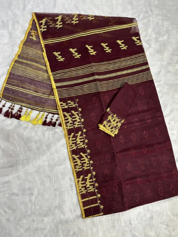 Original Dhakai Jamdani Coffee Color 60 & 84-Count Mix (with Blouse pcs)