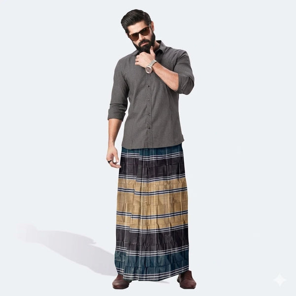 Premium Handloom Cotton Lungi – Khaki Beige & Midnight Navy Grid Design