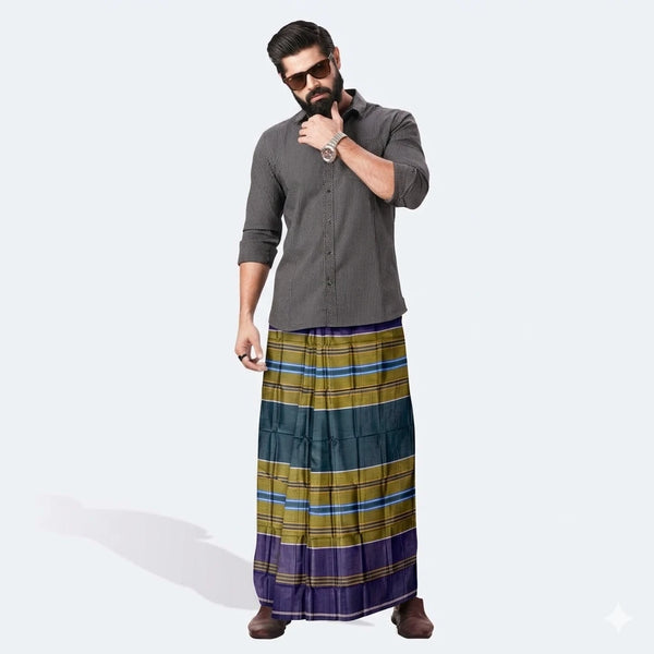 Premium Handloom Cotton Lungi for Men - Deep Purple & Olive Striped Sarong