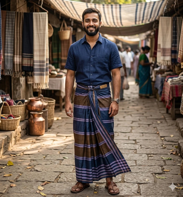 Premium Midnight Indigo & Bronze Striped Lungi – 100% Pure Handloom Cotton