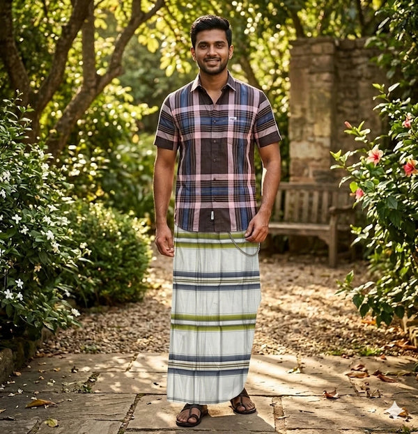 Premium Off-White Cotton Lungi with Olive & Slate Stripes – Traditional Bengali Sarong