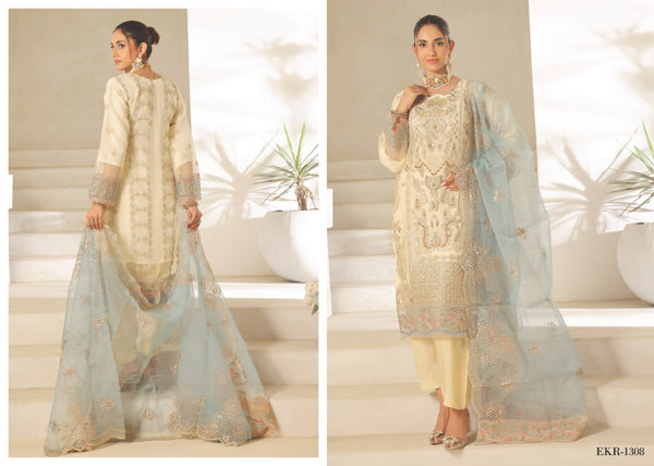 Original Pakistani  Bin Hameed Heavy Worked Cream and Powder Blue  Organza