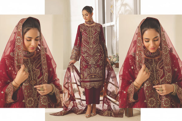 Original Pakistani  Bin Hameed Heavy Worked Maroon Organza