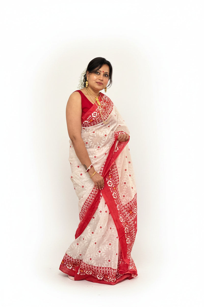 Woman wearing a red and white saree in a hallway.