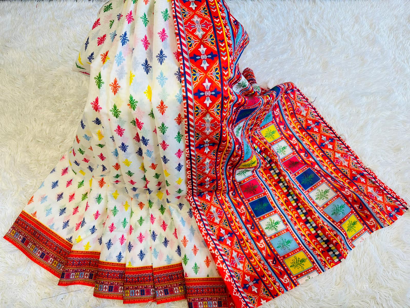 Colorful traditional fabric with intricate patterns on a textured white background
