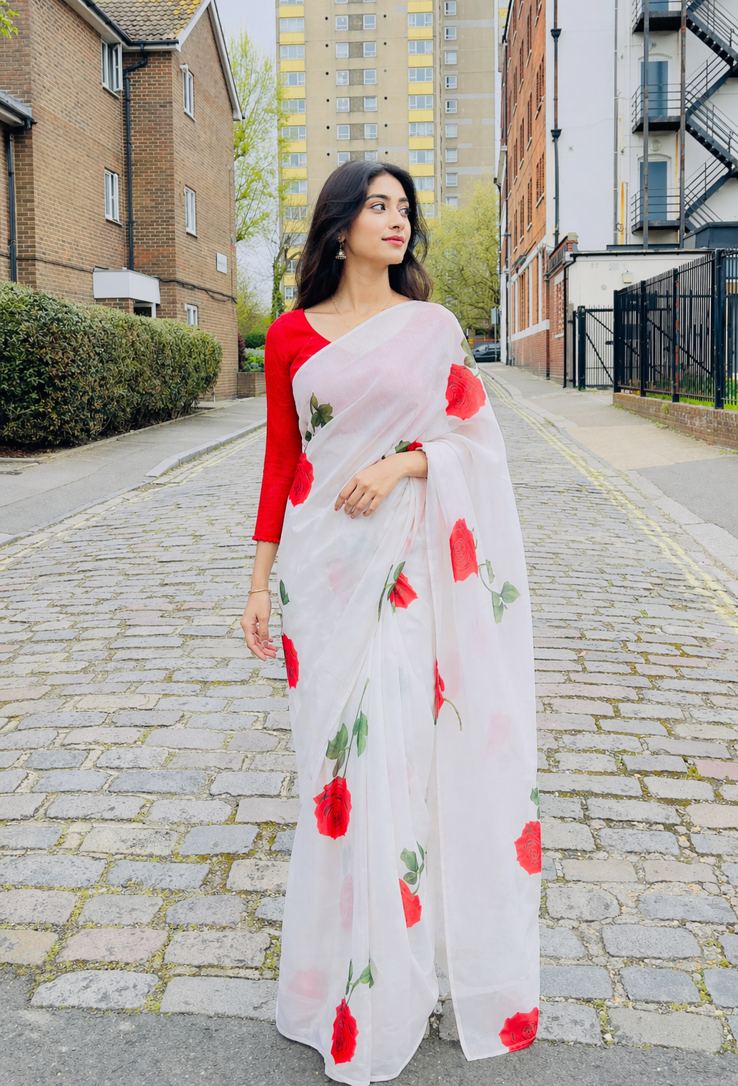 Woman wearing a white saree with red floral patterns .