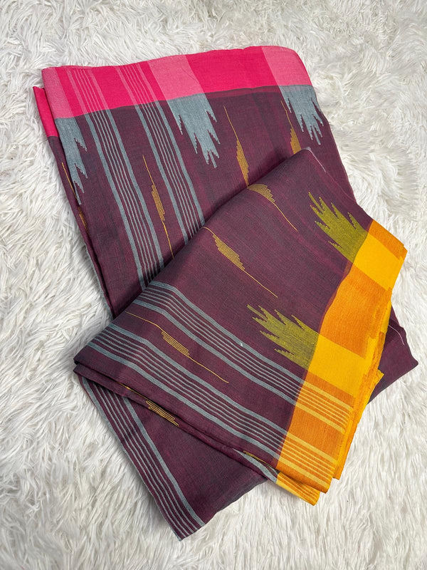 Original Handloom Manipuri Mulberry Wine Body With Contrast Pink and Mustard Yellow Border