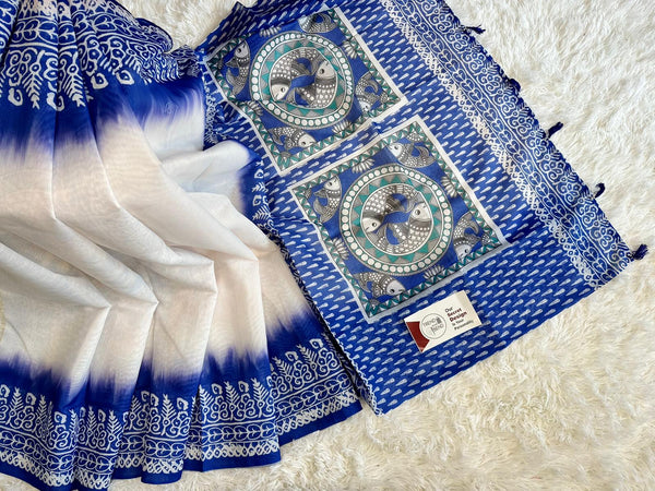 Blue and white patterned fabric with a label on a white background