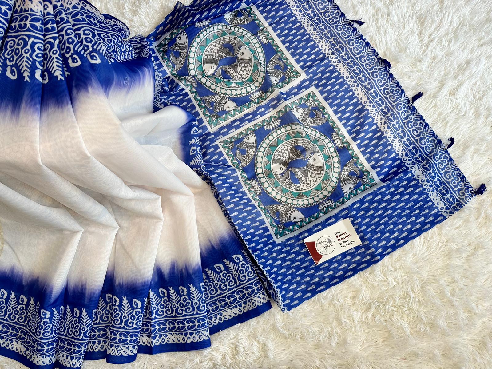 Blue and white patterned fabric with a label on a white background