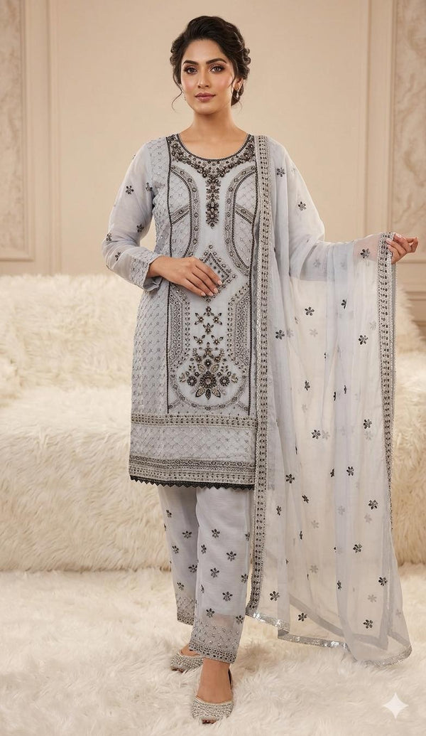 Original Pakistani Grey Heavy Worked Shiffon Salwar Suit