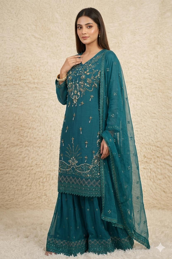 Elegant Pakistani Deep Teal Pearl Work Embroidered Chiffon Sharara Suit