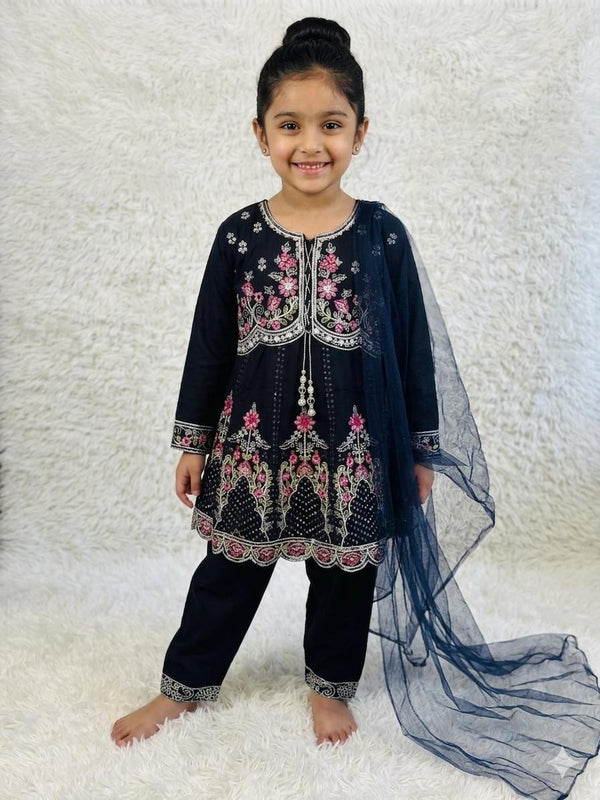 Elegant Pakistani Festive Wear Midnight Navy Embroidered Kids Suit