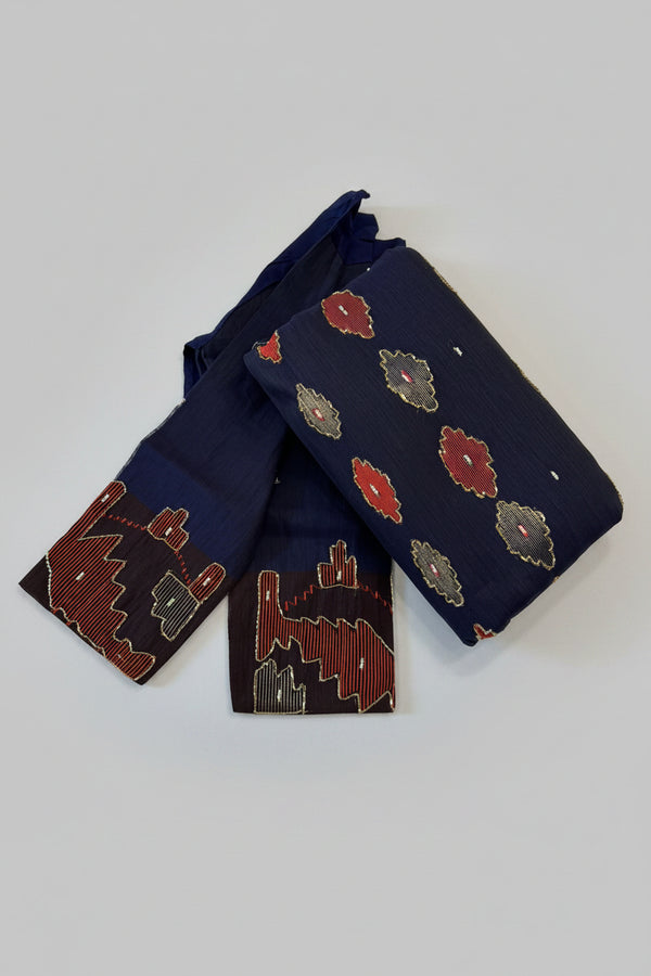 Original Dhakai Multicolor Orange and Navy Blue Contrast  Karchupi Jamdani Saree With Ready Blouse