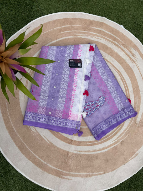 Premium White & Lavender Handblock Saree ( Vloume- Joltorongo/ জলতরঙ্গ)