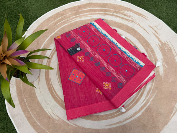 Premium White & Pink Handblock Saree(Volume- Alpana/আলপনা)