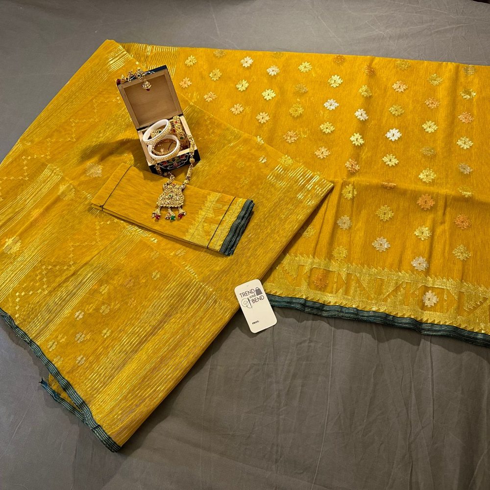 Original Mustard Yellow Dhakai Jamdani Saree 100-Count Cotton