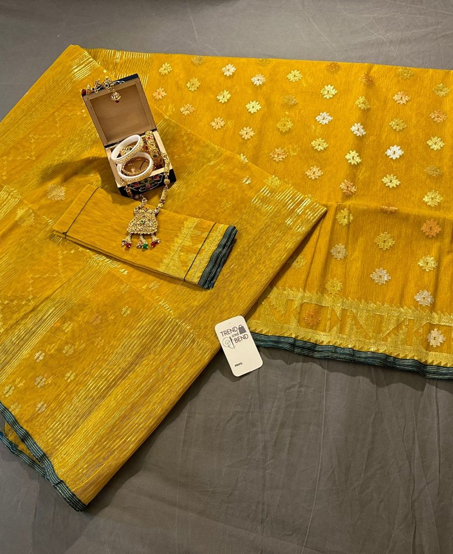 Original Mustard Yellow Dhakai Jamdani Saree 100-Count Cotton