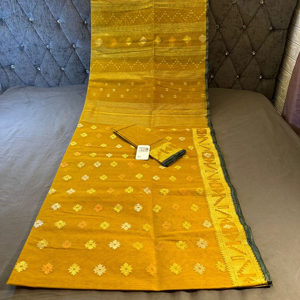 Original Mustard Yellow Dhakai Jamdani Saree 100-Count Cotton
