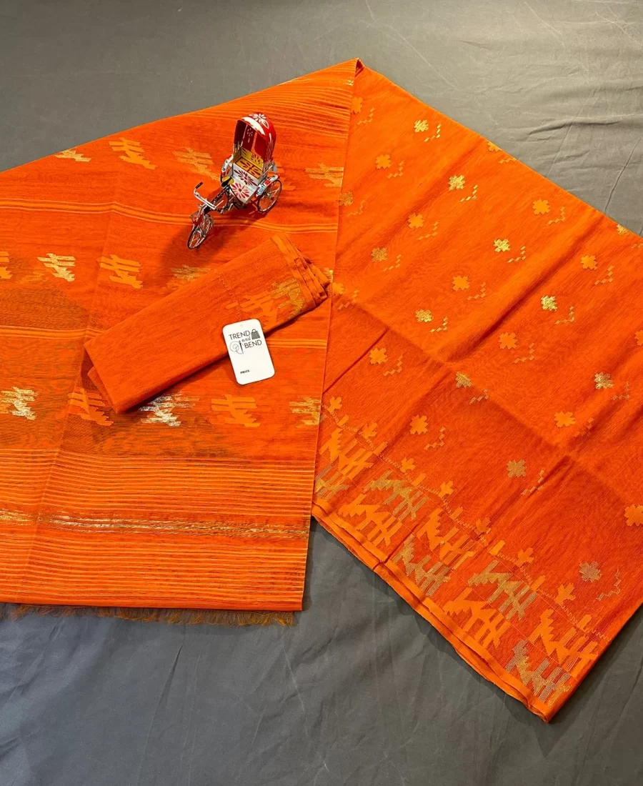 Original Orange Dhakai Jamdani Saree 64-Count Cotton