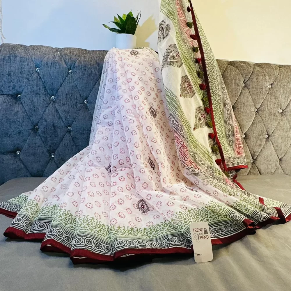 Elegant Hand-Block Printed Cotton Saree with Contrasting Borders - TrendAndBend