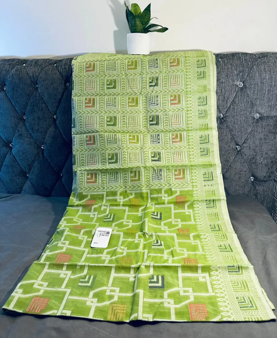 Lime Green Saree with Geometric Pattern and Subtle Accents