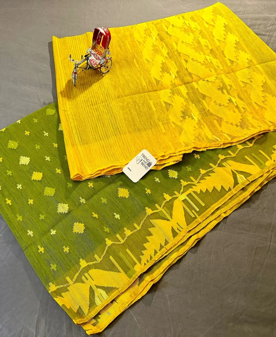 Original Light Green and Mustard Dhakai Jamdani Saree