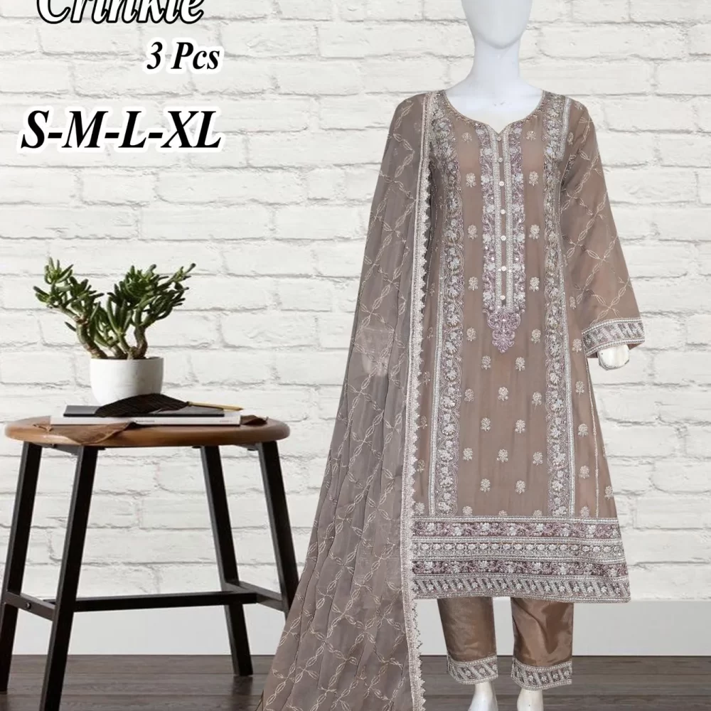 Elegant Embroidered Light Brown Shalwar Kameez Lawn (Three-piece)