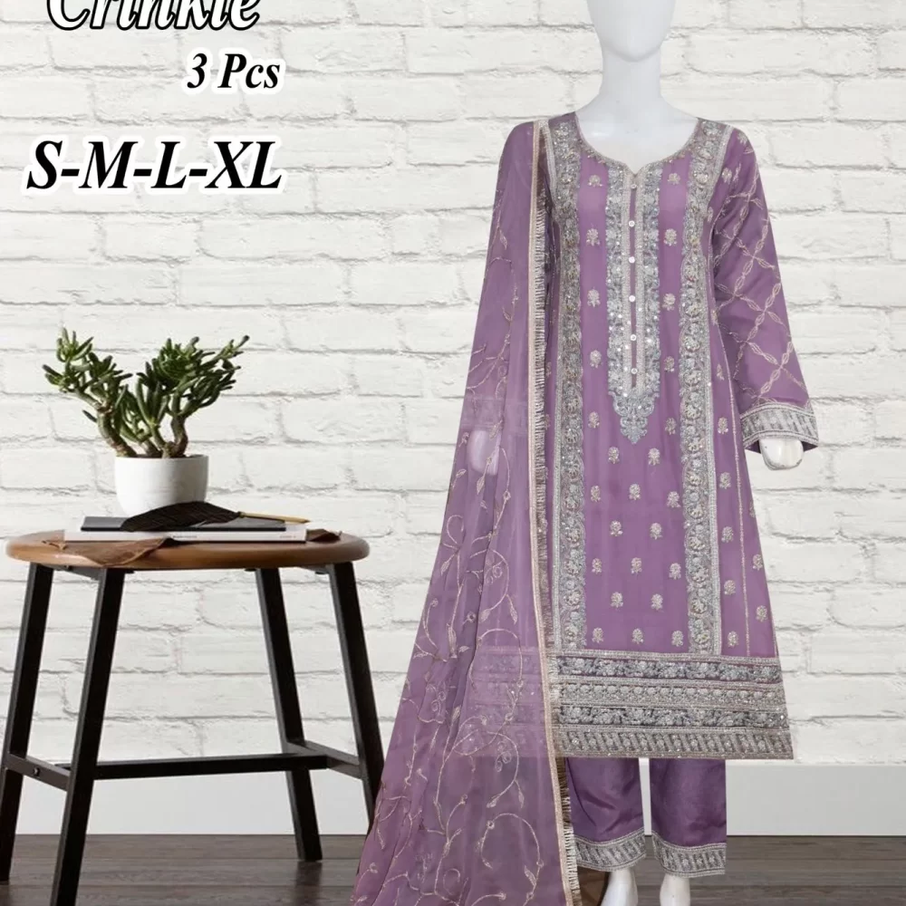 Elegant Embroidered Purple Shalwar Kameez Lawn Suit (Three-piece)