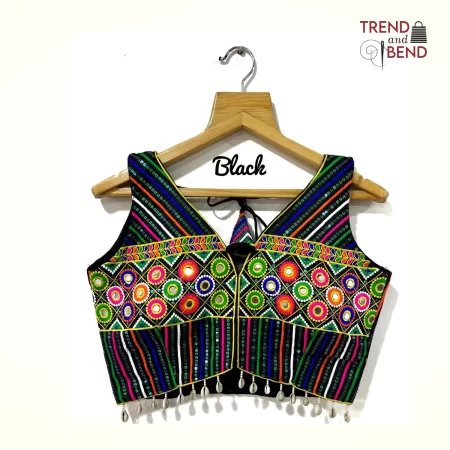 Vibrant Multi-Color Embroidered Black Base Gujarati Blouse